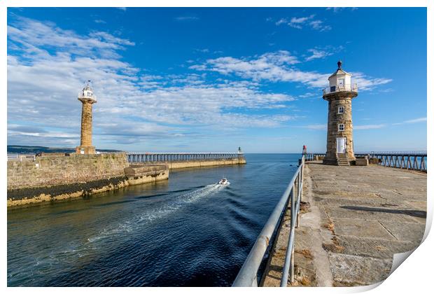 Boat leaves Whitby Harbour Print by Tim Hill