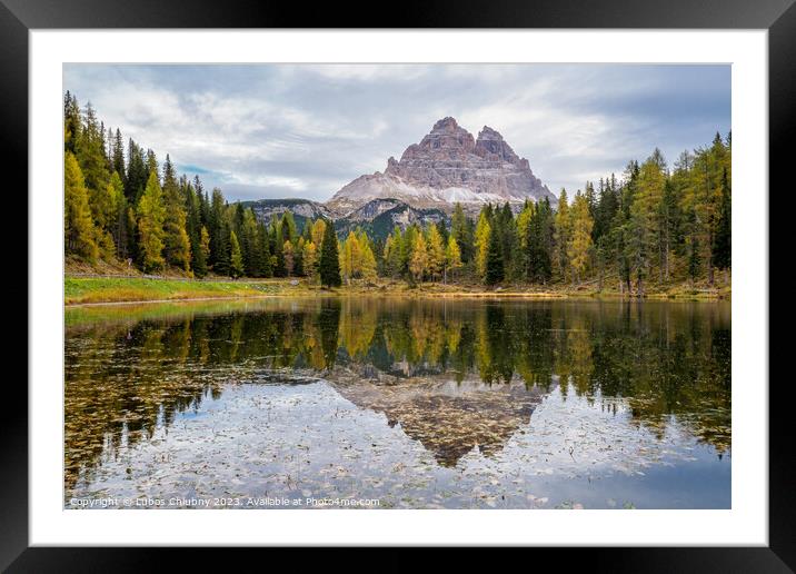 Tre Cime di Lavaredo peaks and Lake Antorno with sky reflection  Framed Mounted Print by Lubos Chlubny