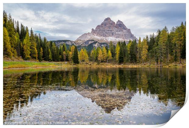 Tre Cime di Lavaredo peaks and Lake Antorno with sky reflection  Print by Lubos Chlubny