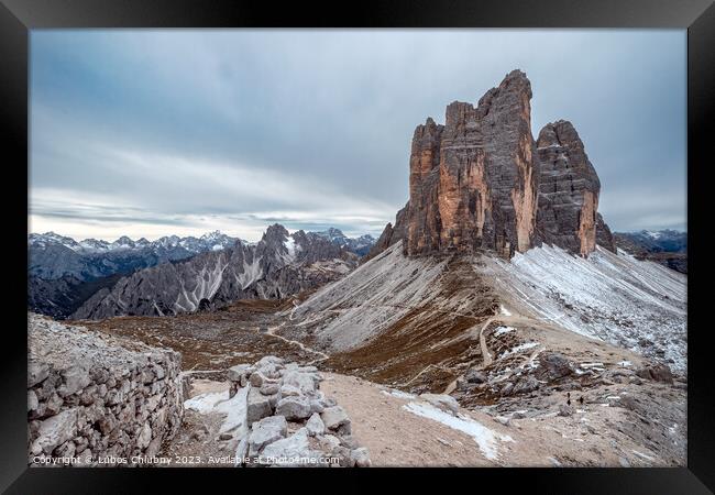 View of famous Tre Cime peaks in Tre Cime di Lavaredo  Framed Print by Lubos Chlubny