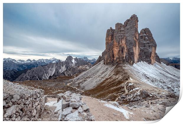 View of famous Tre Cime peaks in Tre Cime di Lavaredo  Print by Lubos Chlubny