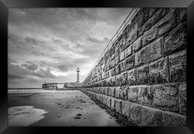 Moody Whitby Pier in Monochrome Framed Print by Tim Hill