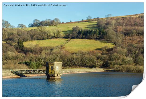 Control Tower and Dam Talybont Reservoir Brecon Beacons  Print by Nick Jenkins