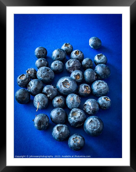 Aged or over ripe Blueberries on a dark blue backg Framed Mounted Print by johnseanphotography 