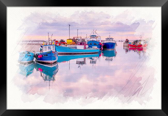 Seahouses Harbour Watercolour Framed Print by Tim Hill