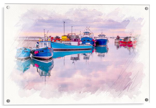 Seahouses Harbour Watercolour Acrylic by Tim Hill