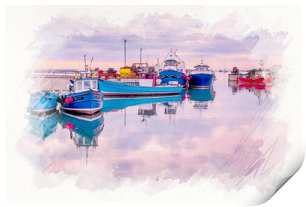Seahouses Harbour Watercolour Print by Tim Hill