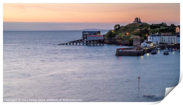 Tenby harbour and lifeboat station at sunrise Print by Gary Parker