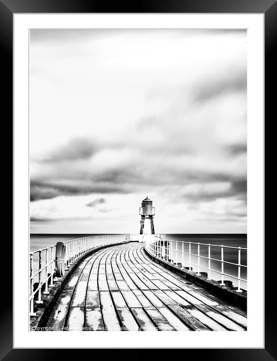 The Green Shipping Light House At The End Of The Pier At Whitby  Framed Mounted Print by Peter Greenway