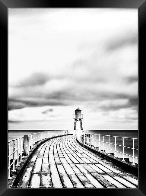 The Green Shipping Light House At The End Of The Pier At Whitby  Framed Print by Peter Greenway