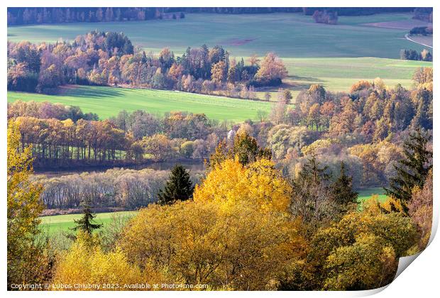 Autumn hilly landscape with meadows Print by Lubos Chlubny