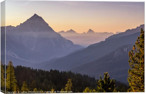 Sunrise over alpine peaks and The Tofane Group in the Dolomites, Italy, Europe Canvas Print by Lubos Chlubny