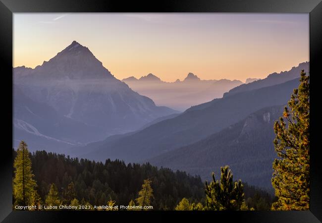 Sunrise over alpine peaks and The Tofane Group in the Dolomites, Italy, Europe Framed Print by Lubos Chlubny