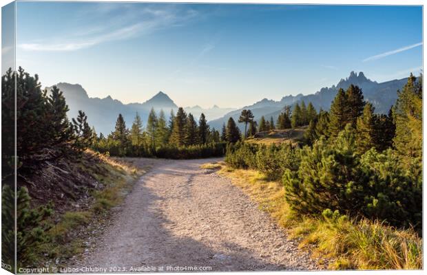 Wide trail in the Dolomites. Hiking trip, Walking path in dolomites landscape. The Tofane Group in the Dolomites, Italy, Europe. Canvas Print by Lubos Chlubny