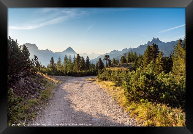 Wide trail in the Dolomites. Hiking trip, Walking path in dolomites landscape. The Tofane Group in the Dolomites, Italy, Europe. Framed Print by Lubos Chlubny