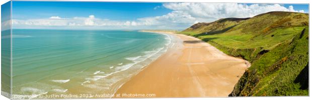 Panoramic view of Rhossili Bay, Gower, South Wales Canvas Print by Justin Foulkes