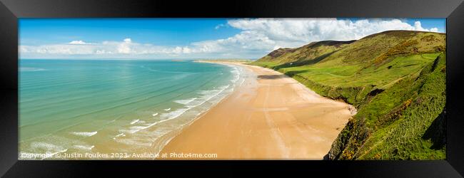 Panoramic view of Rhossili Bay, Gower, South Wales Framed Print by Justin Foulkes
