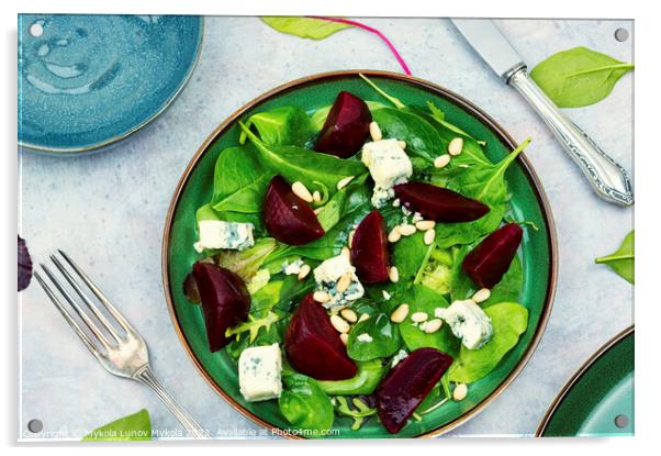 Fresh salad with beets, cheese and greens. Acrylic by Mykola Lunov Mykola