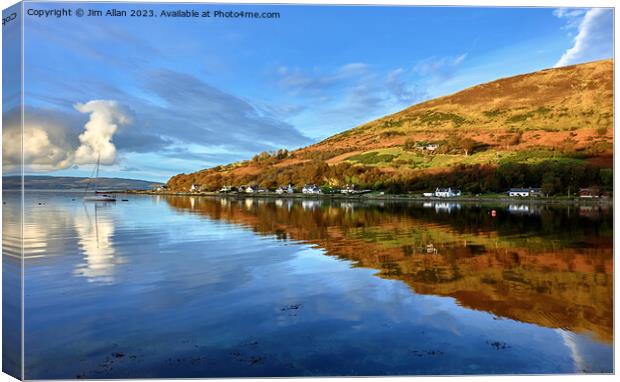 Reflections on Lochranza Bay, Arran. Canvas Print by Jim Allan