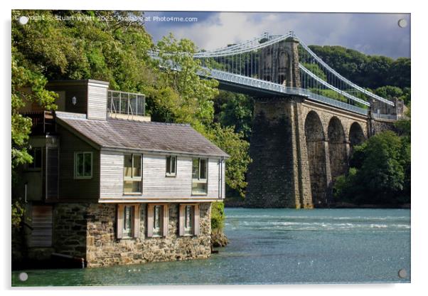 Menai Suspension Bridge and Boathouse Acrylic by Stuart Wyatt