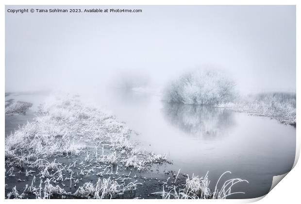 Flooded River in Winter Fog Monochrome Print by Taina Sohlman