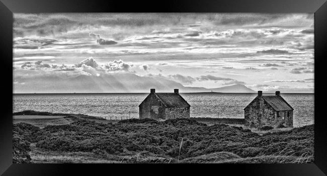Prestwick salt pan houses as sun sets (B&W) Framed Print by Allan Durward Photography