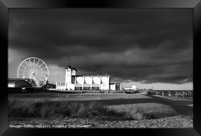 Great Yarmouth stormy sky in black and white Framed Print by Sally Lloyd