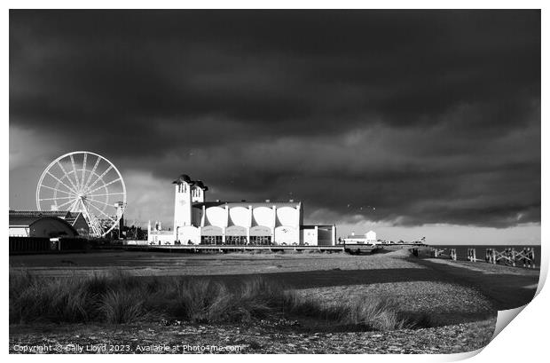Great Yarmouth stormy sky in black and white Print by Sally Lloyd