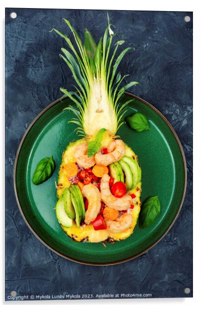 Pineapple stuffed with prawn, rice and avocado. Acrylic by Mykola Lunov Mykola