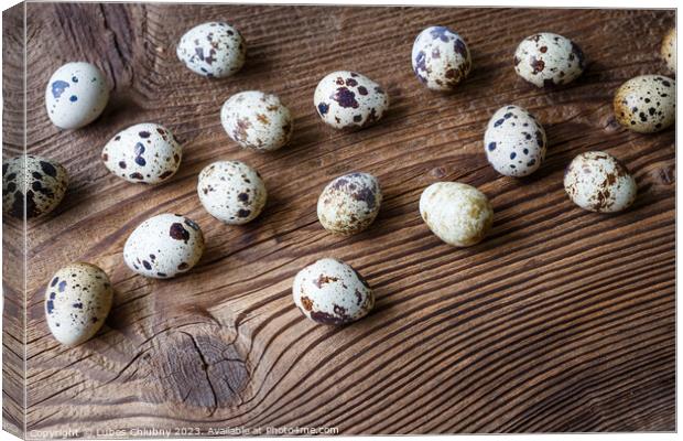 Quail eggs on a wooden board Canvas Print by Lubos Chlubny