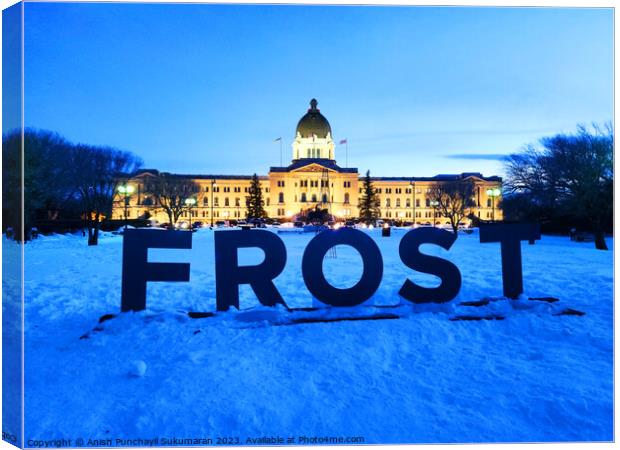 Saskatchewan Legislative building in Wascana Park, Regina, Canada during night , frost winter festival sign Canvas Print by Anish Punchayil Sukumaran