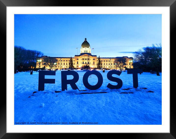 Saskatchewan Legislative building in Wascana Park, Regina, Canada during night , frost winter festival sign Framed Mounted Print by Anish Punchayil Sukumaran