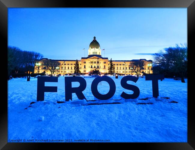 Saskatchewan Legislative building in Wascana Park, Regina, Canada during night , frost winter festival sign Framed Print by Anish Punchayil Sukumaran