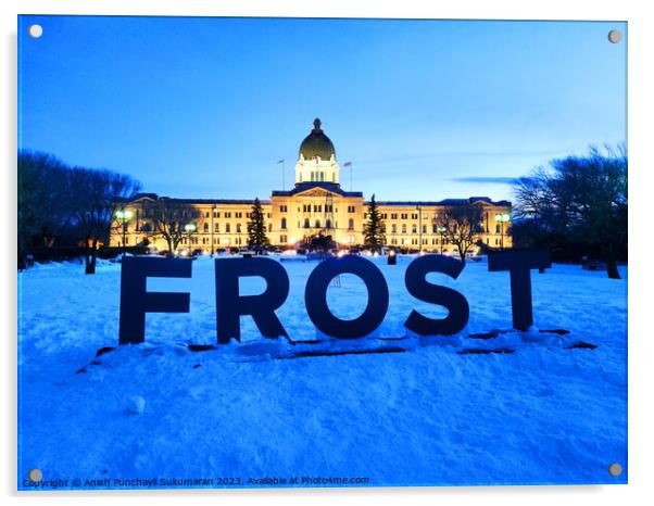 Saskatchewan Legislative building in Wascana Park, Regina, Canada during night , frost winter festival sign Acrylic by Anish Punchayil Sukumaran