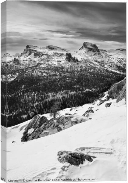 Cinque Torri in the Nuvolao Group Mountain Range Monochrome Canvas Print by Dietmar Rauscher