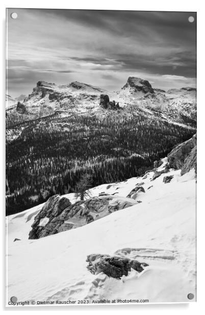 Cinque Torri in the Nuvolao Group Mountain Range Monochrome Acrylic by Dietmar Rauscher