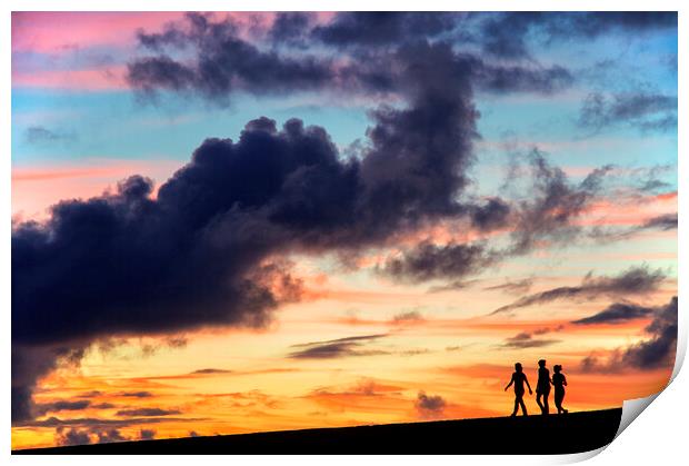 Silhouettes of three girls walking in the sunset Print by Fabrizio Troiani