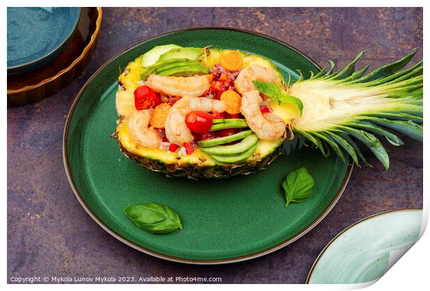 Pineapple with shrimp, rice and avocado. Print by Mykola Lunov Mykola