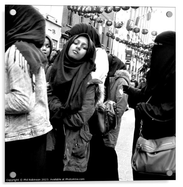 Muslim girls - Chinatown Acrylic by Phil Robinson