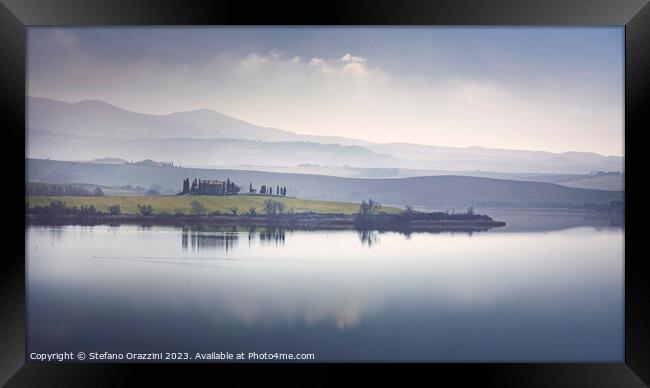 Lake Santa Luce view in a misty morning. Tuscany, Italy Framed Print by Stefano Orazzini