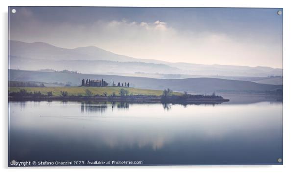 Lake Santa Luce view in a misty morning. Tuscany, Italy Acrylic by Stefano Orazzini