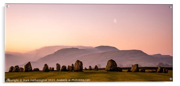 Castlerigg stone circle and moon at sunrise Acrylic by Mark Hetherington