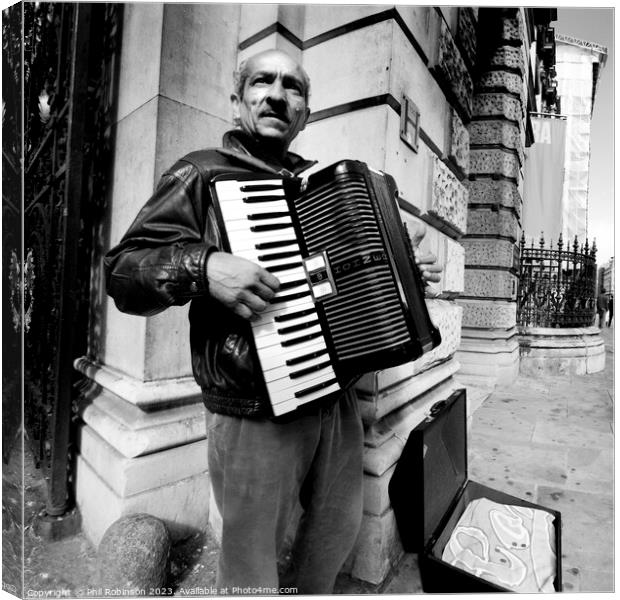 Accordion player, Piccadilly Canvas Print by Phil Robinson