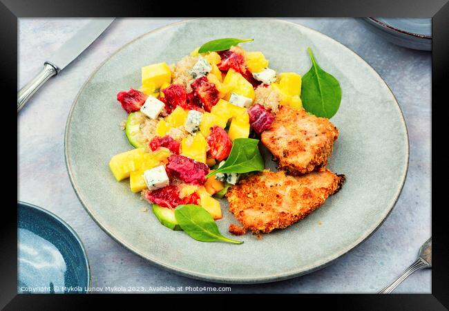 Meat salad with citrus fruits, mango, cheese and quinoa Framed Print by Mykola Lunov Mykola