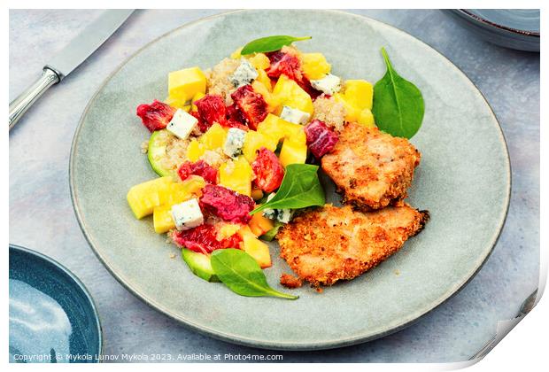Meat salad with citrus fruits, mango, cheese and quinoa Print by Mykola Lunov Mykola