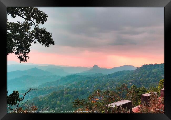 a view of forest in and orange sunset , a view from munnar kerla india Framed Print by Anish Punchayil Sukumaran
