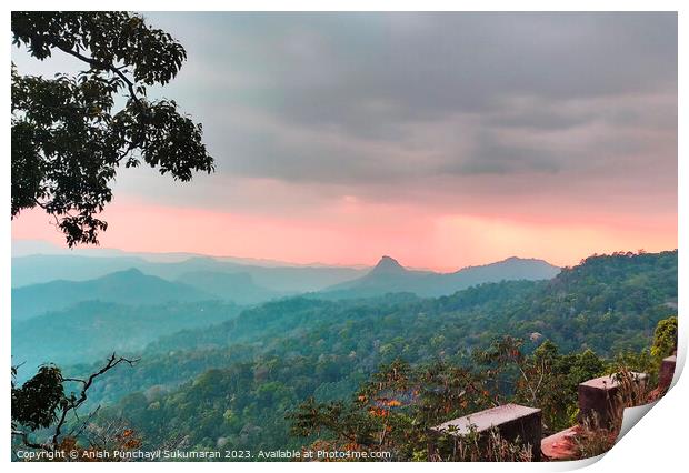 a view of forest in and orange sunset , a view from munnar kerla india Print by Anish Punchayil Sukumaran