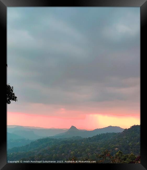 a view of forest in and orange sunset , a view from munnar kerla india Framed Print by Anish Punchayil Sukumaran