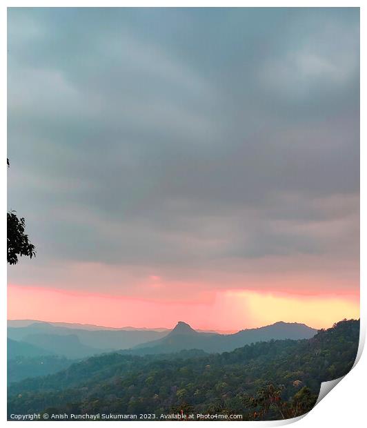 a view of forest in and orange sunset , a view from munnar kerla india Print by Anish Punchayil Sukumaran