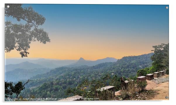 a view of forest in and orange sunset , a view from munnar kerla india Acrylic by Anish Punchayil Sukumaran